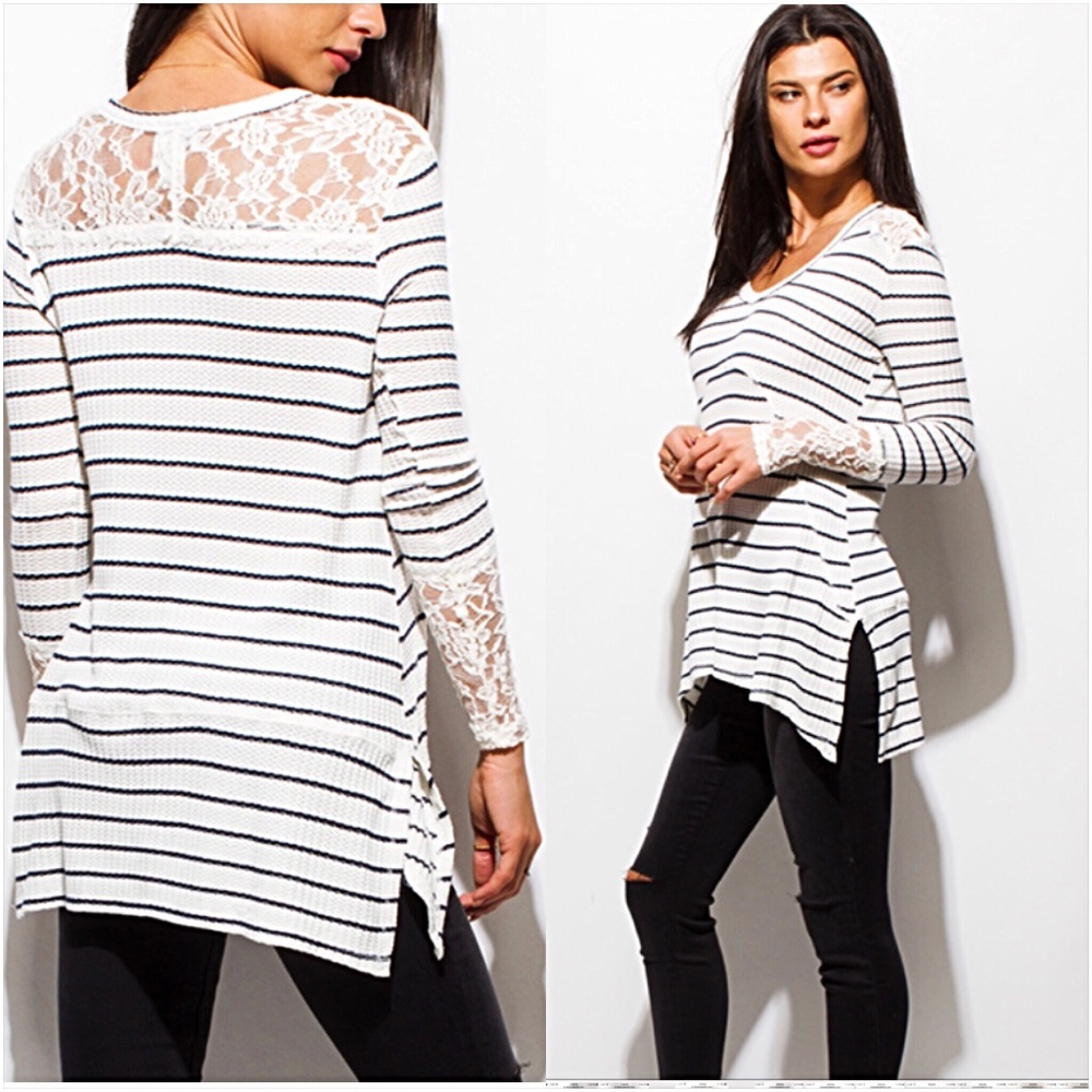 Chic Striped Lace Stretchy Tunic Top SM - Picture 2 of 8
